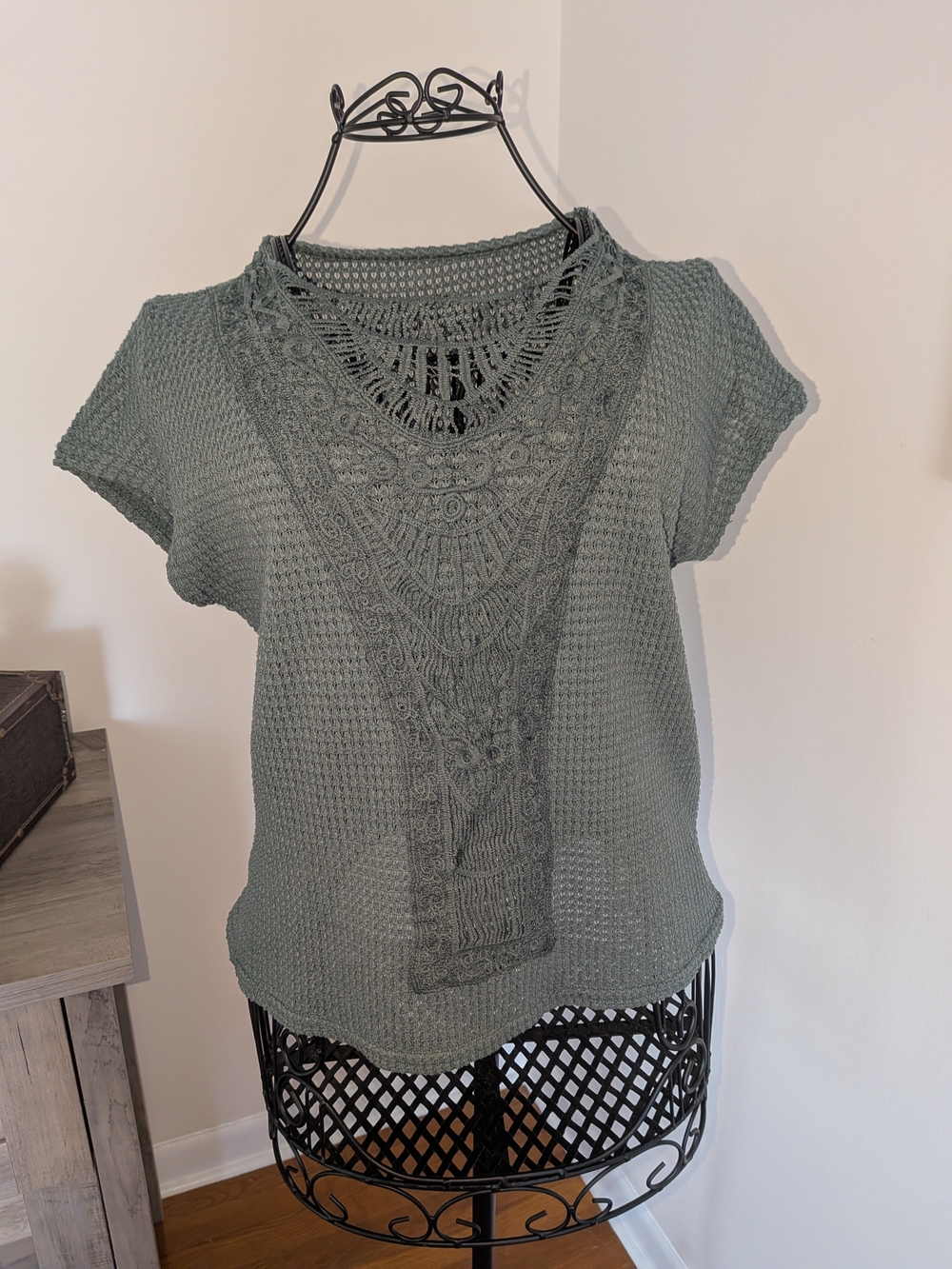 Crochet Front Panel Short Sleeve Knit Top - Sage Green
